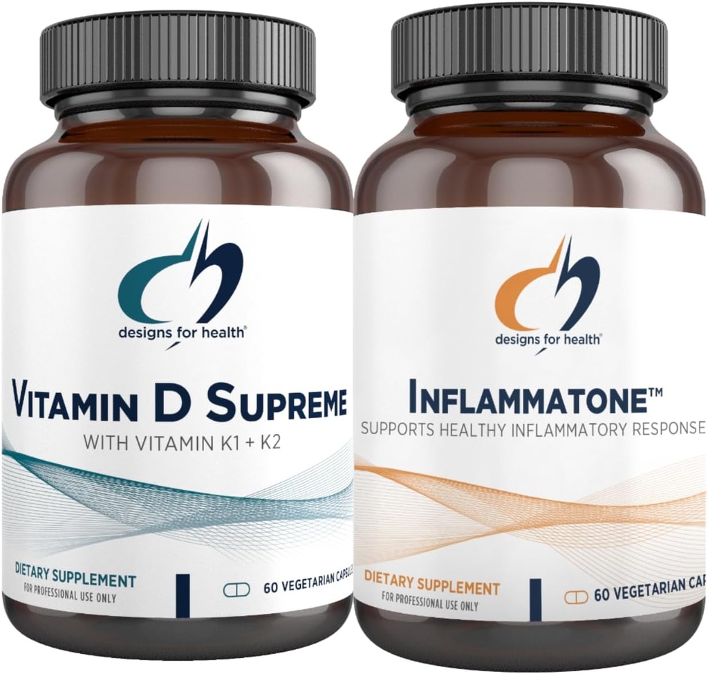 건강 비타민 D Supreme + Inflammatone 번들을위한 설계 - 비타민 D3 5000 IU + 2000mcg 비타민 K 건강한 염증 반응을 촉진하기 위해 효소 식물 혼합 - 2 제품
