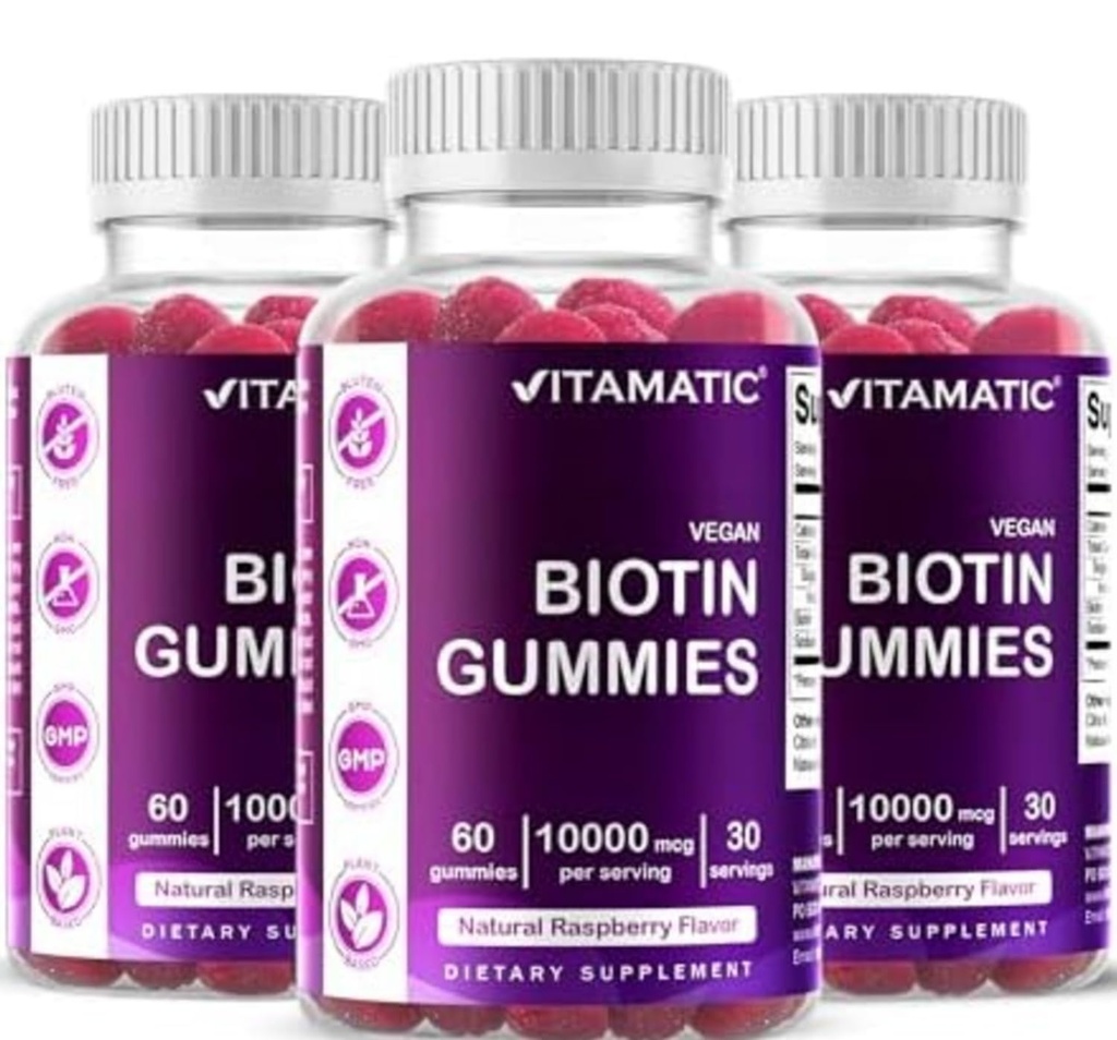 비공식 Biotin Gummies 강한 머리, 피부 & 못을 위한 10,000 mcg - 60 Vegan Gummies - 또한 부르는 비타민 B7 (3 병)