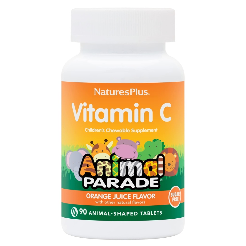 Natures Plus Animal Parade Sugar-Free 어린이 비타민 C, 천연 오렌지 주스 맛 - 90 Chewable Animal Shaped Tablets - 면역 지원 - 글루텐 무료 - 45 서빙