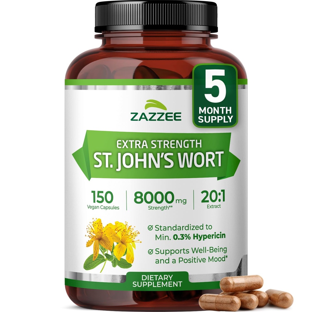 Zazzee 여분 힘 St. John's Wort 20:1 추출물, 8000 mg 힘, 0.3% Hypericin, 150 Vegan 캡슐, 5 달 공급, 집중된, 표준화한 20X 추출물, 100% 채식주의자, 비 GMO, All-Natural