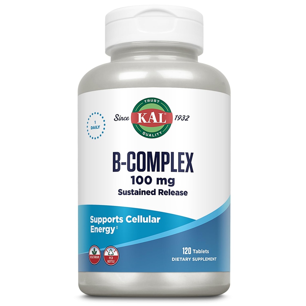KAL B-100 Complex - 지속 방출 비타민 B Complex - 자연 지원 자료와 건강한 에너지 지원 및 신선한 광부 코팅 - 채식 - 60 일 보증 - 120 서빙, 120 정제