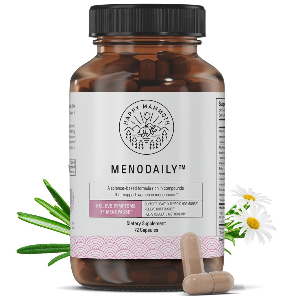 Happy Mammoth Meno Daily Menopause Vitamins & Women (*Not Hormone Harmony), Boost Metabolism, 건강한 피부, 헤어 및 손톱, 핫 플래시, 무드 지원, 72 Caps