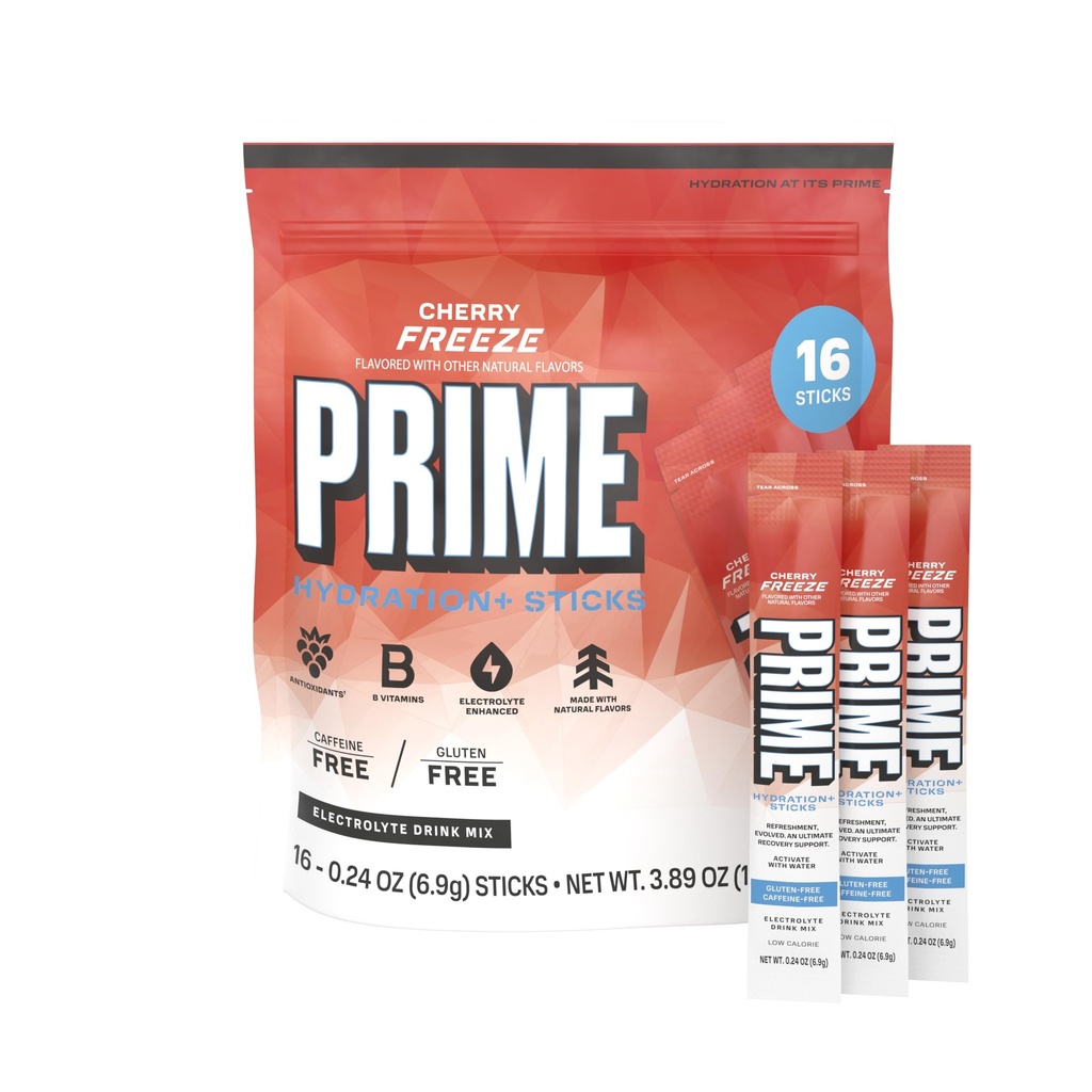 PRIME HYDRATION+ Sticks Cherry Freeze | 하이드로션 파우더 싱글 세브 스틱 | 고에 일렉트로이트 파우더 | 저 설탕 | 카페인 무료 | Vegan | 16개 스틱