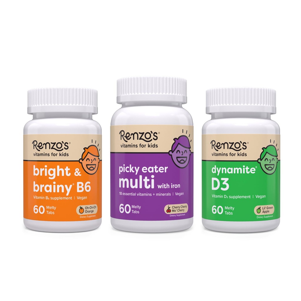 Renzo의 비타민 보조 보조 번들 - Picky Eater Kids Multivitamin, 비타민 D3 어린이를위한, 밝은 & 뇌성 비타민 B6