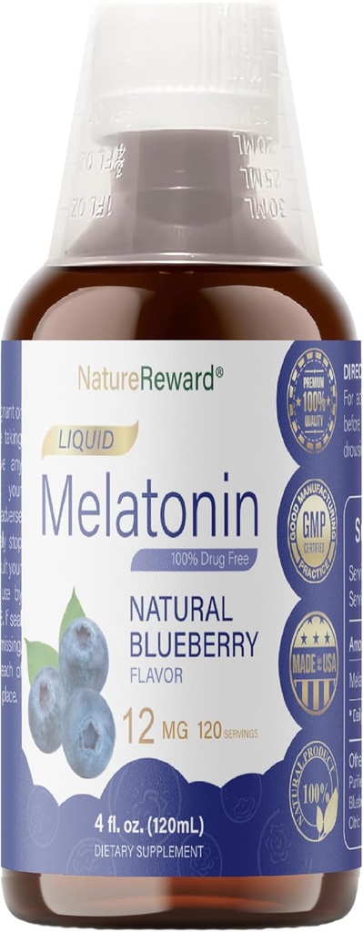 멜라토닌 12mg | 4 fl oz Liquid |120 서빙 | 블루베리 맛 | 성인용 | 비 GMO, 채식 보충교재
