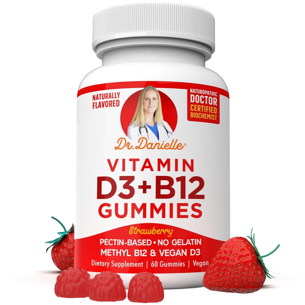 비타민 D3, B12 Gummies by Dr. Danielle, 성인 & 아이, 비 GMO, 비타민 D3 1000 IU & 250 mcg 비타민 B12, 2 개월 공급 (60 Gummies)