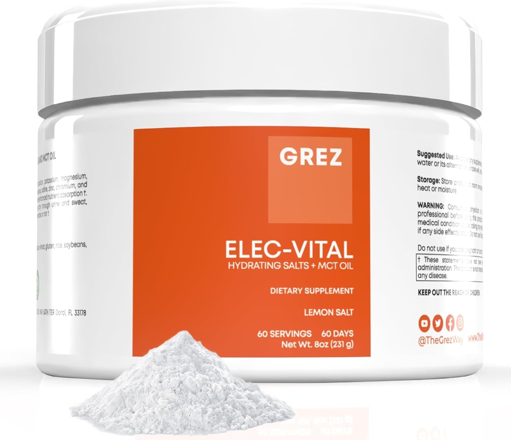 GREZ ELEC-Vital Electrolytes Powder No Sugar - Hydration Powder, Keto Electrolytes No Sugar - 완전한 미네랄 지원, 나트륨, 칼륨, 마그네슘, 아연 - 60 서빙