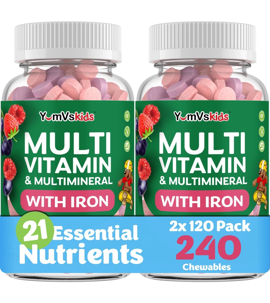 YUM-V'S Kids Multivitamin with Iron - Kids Chewable Multivitamin - 비타민 + 철 보충 - 2 년간 유아 비타민, 고셔, 할랄, 글루텐 무료 120 (2 팩)
