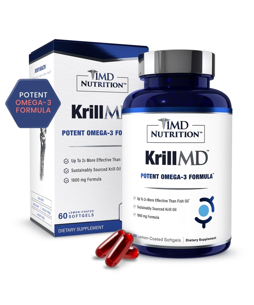 1MD 영양 KrillMD - 남극 크릴 오일 오메가 3 보충 Astaxanthin, EPA, DHA | 물고기 기름보다 2X 더 효과적인 | 60 Softgels