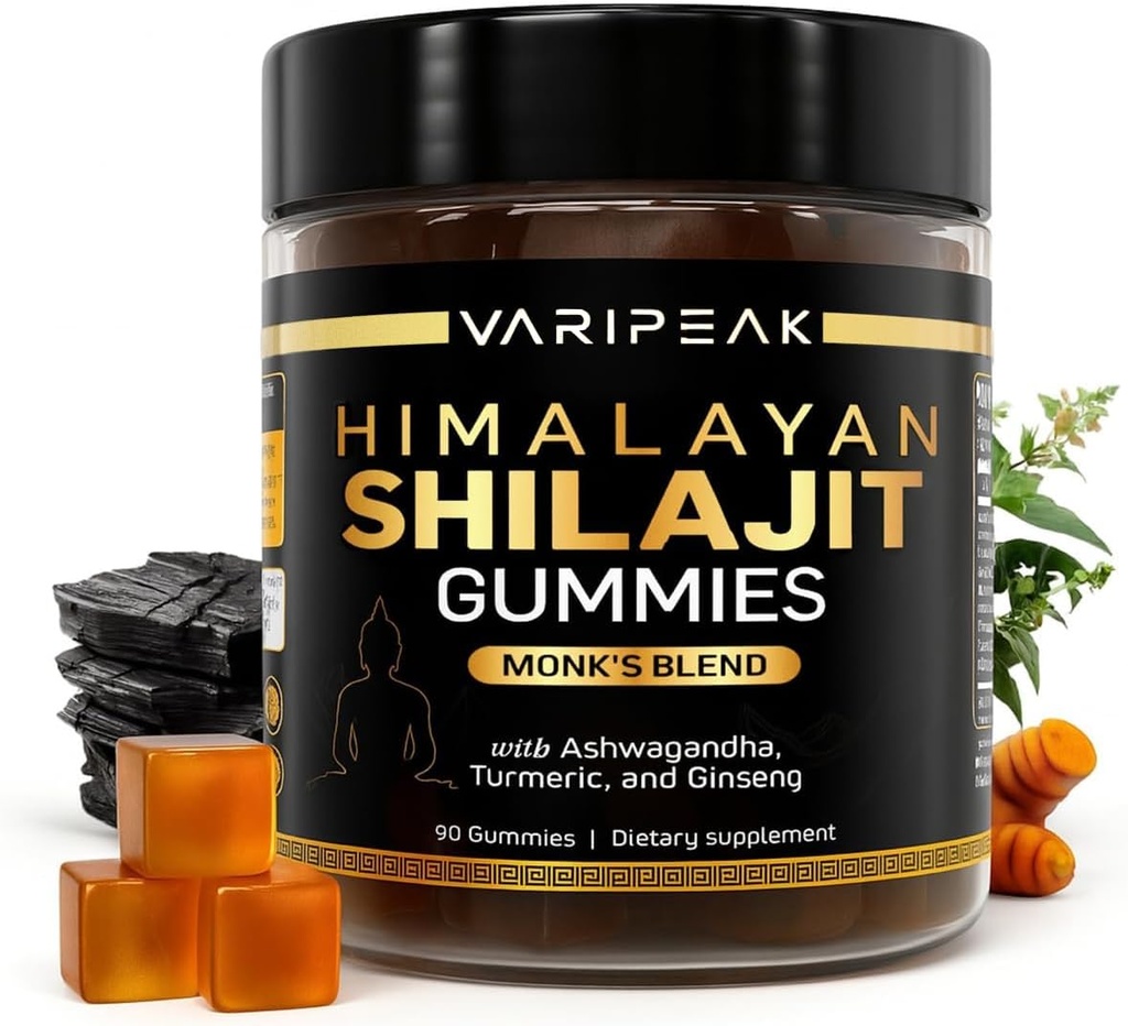 4-in-1 Organic Himalayan Shilajit Gummies | Ashwagandha, Turmeric, & Ginseng | 에너지, 면역력 및 활력 지원을위한 Adaptogen | 유기농, 채식, 설탕 무료 | 90 개 | 남성 및 여성용