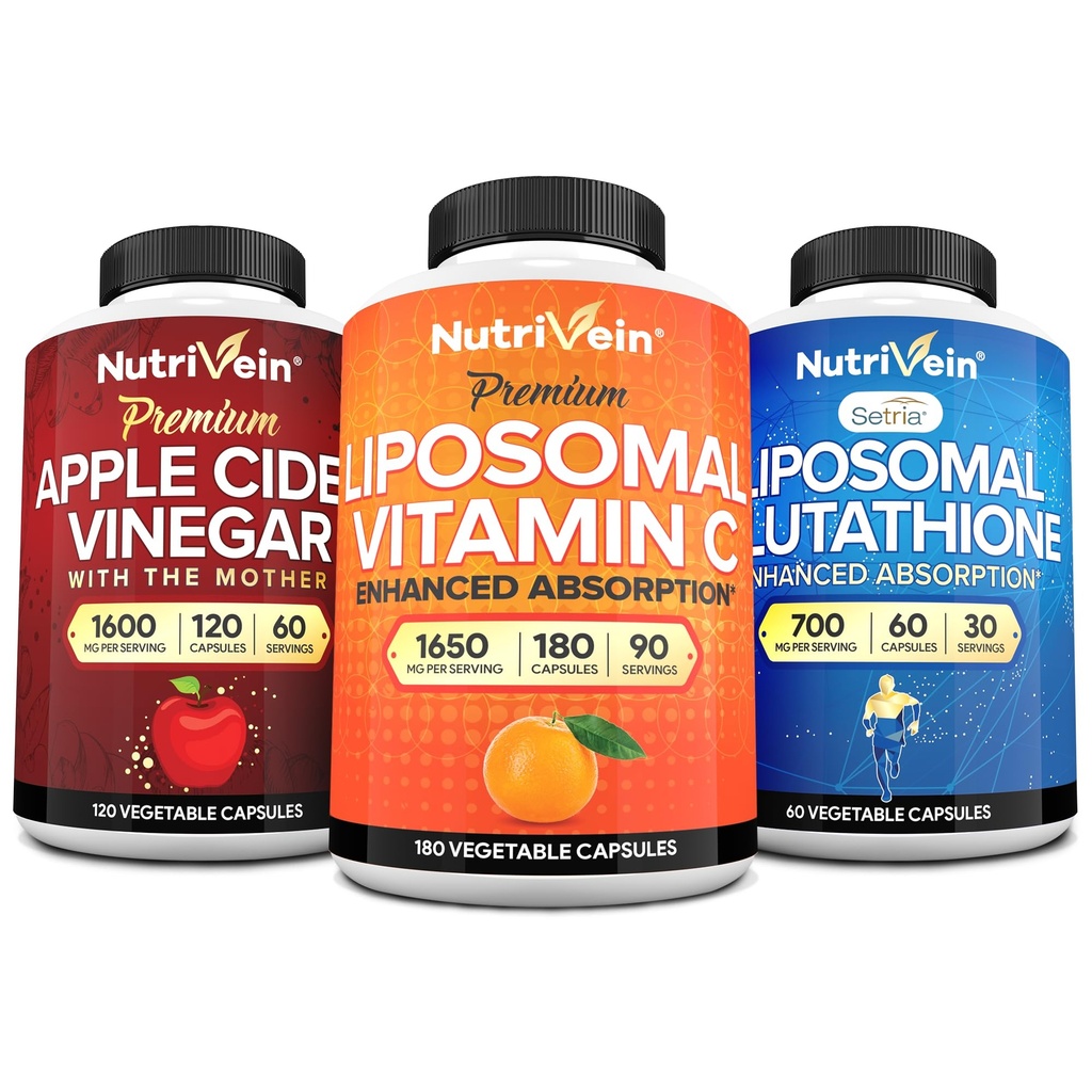 Nutrivein 프리미엄 Liposomal 글루타티온, Apple Cider Vinegar 캡슐, & 비타민 C 보충교재 뭉치: 비타민 C, ACV 캡슐, & 글루타티온 보충교재는 셀룰러 방위 & Detox를 위해 묶습니다