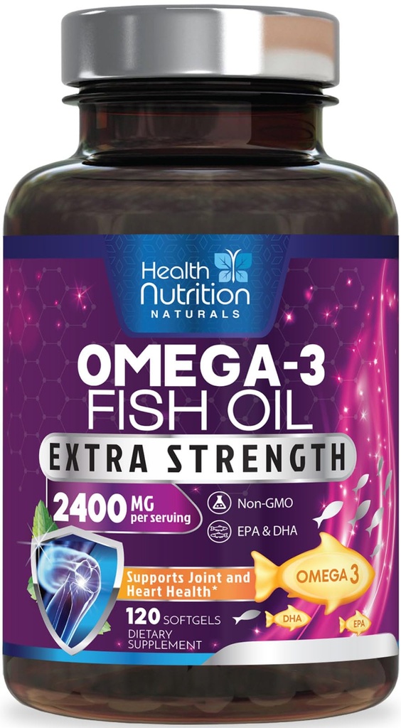 오메가 3 물고기 기름 2400 mg - 세 배 힘 Omega3, EPA & DHA 지방산 보충교재 - 면역, 심장 & 뇌 건강을 위한 자연적인 지원 - 야생 잡힌, 비 GMO, 레몬 풍미, Burpless - 120 Softgels