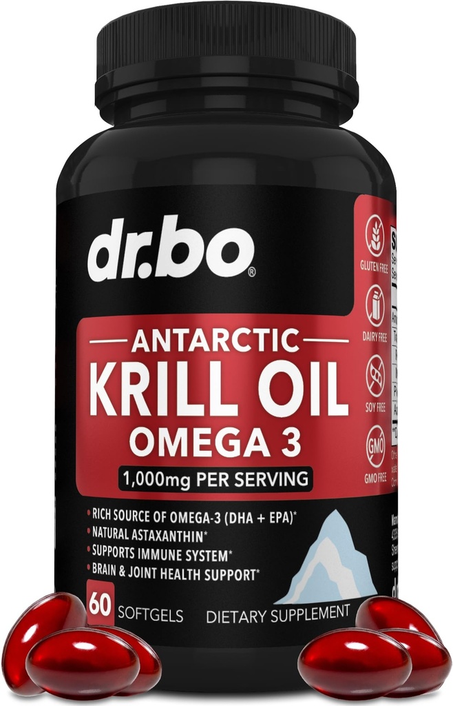 Krill 오일 오메가 3 500mg - 남극 크릴 오일 1000mg Softgels 캡슐 EPA, DHA, Astaxanthin, Phospholipids - 오메가 3 지방산 보충제, 여성 및 남성을위한 천연 순수한 보충제 - 60 Softgels