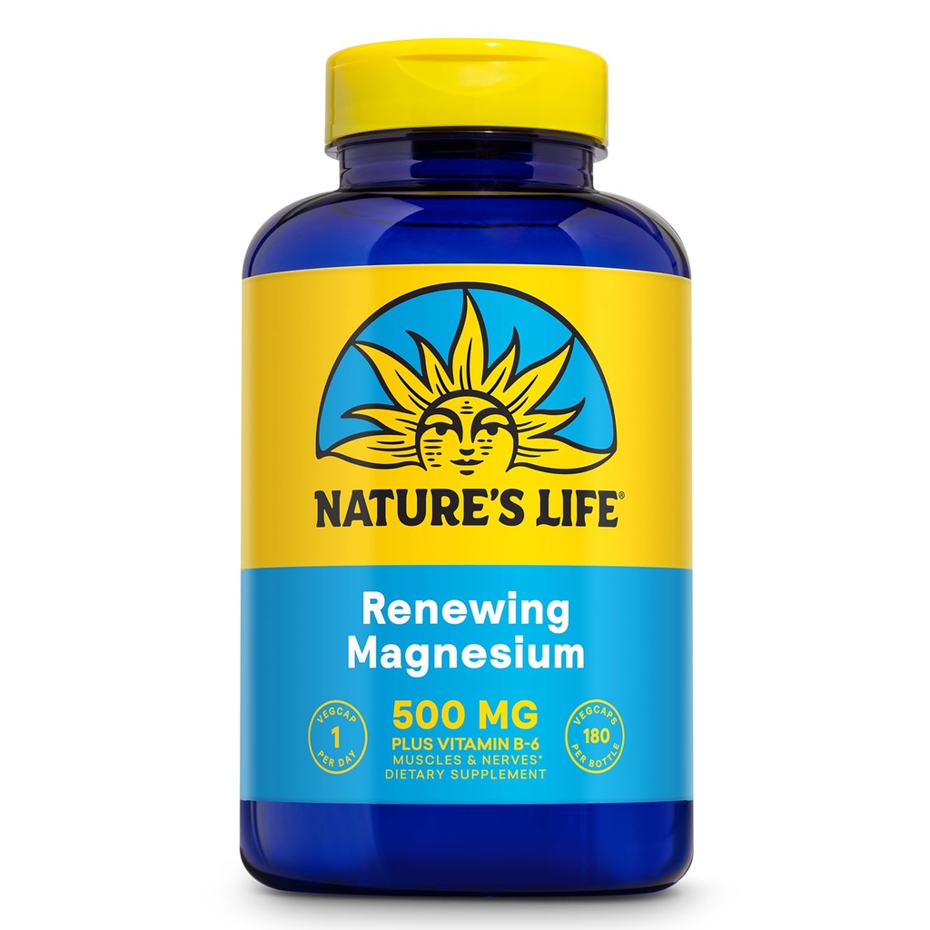 Natures Life Renewing Magnesium 500 mg - 플러스 비타민 B-6 - 근육과 Nerves 지원 - 실험실 검증 (180 인분, 180 VegCaps)