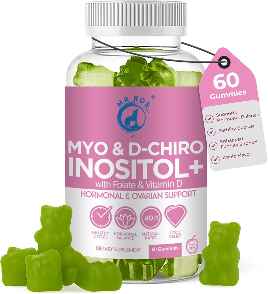 Folate & 비타민 D를 가진 Inositol Gummies PCOS - Myo & D-Chiro Inositol 혼합, 40:1 비율, 60 애플 풍미 Gummies