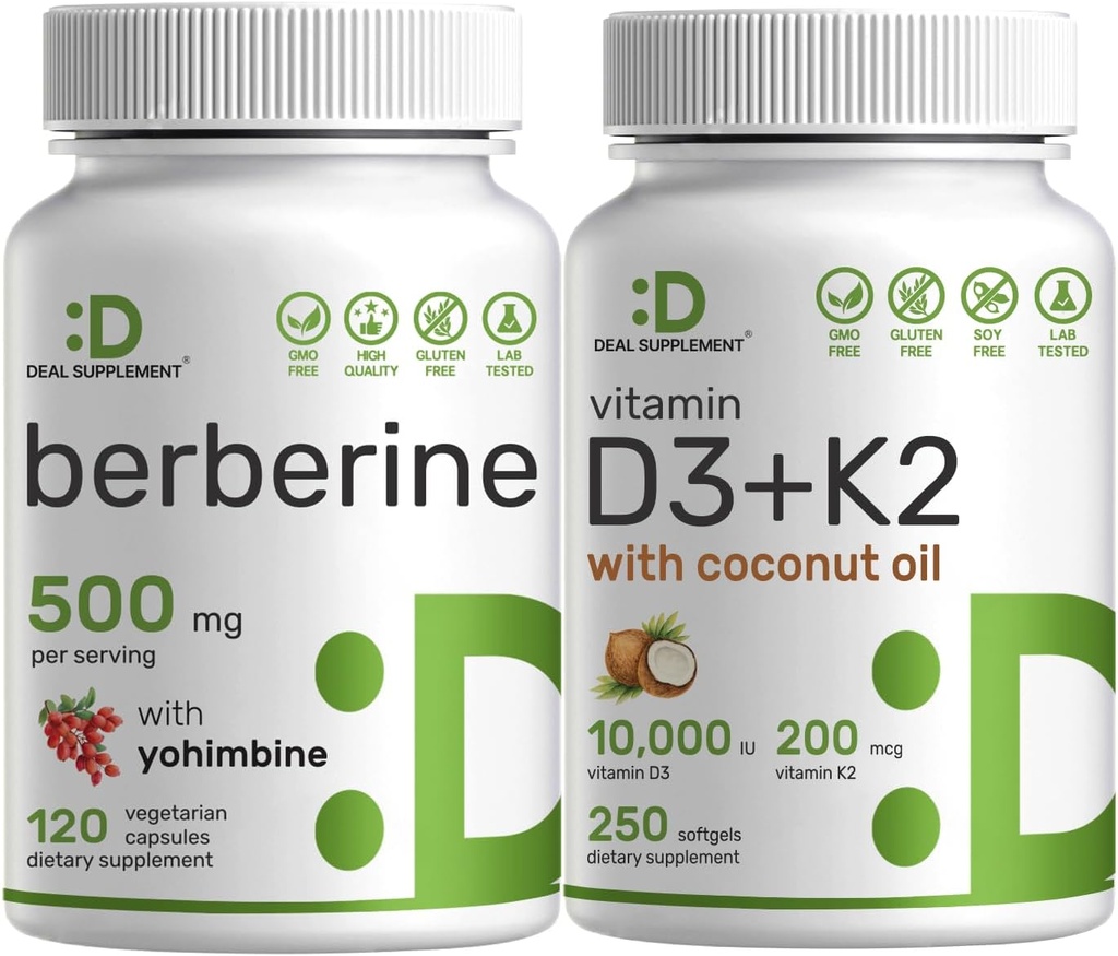 DEAL SUPPLEMENT 비타민 D3 10,000iu + K2 200mcg Softgels & Yohimbine 번들을 가진 Berberine 보충교재 – 코코넛 기름을 가진 근본적인 선샤인 비타민 – 높은 흡수 염산염 HCl 모양