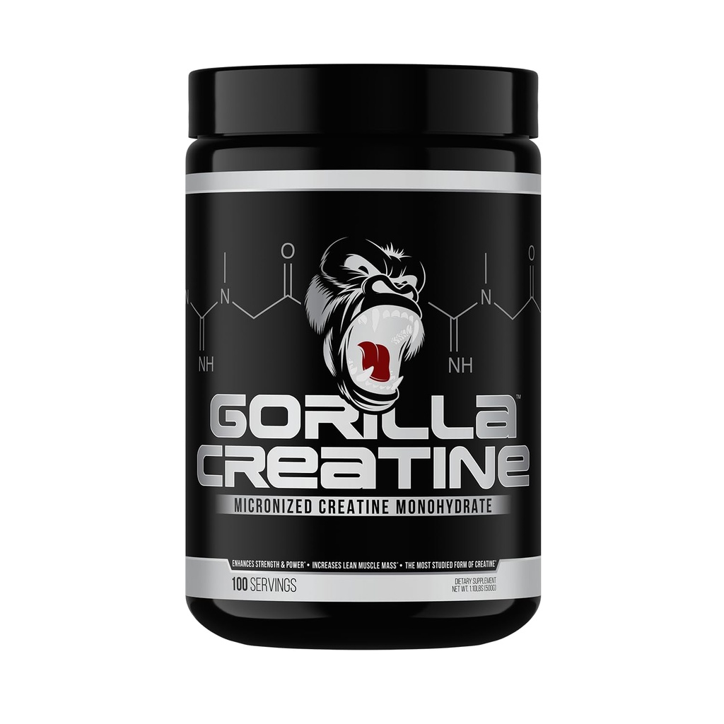 Gorilla Mind Creatine Monohydrate Micronized 분말, 향상된 근육 크기, 출력 및 강도, 서빙 당 5 그램, 100 서빙