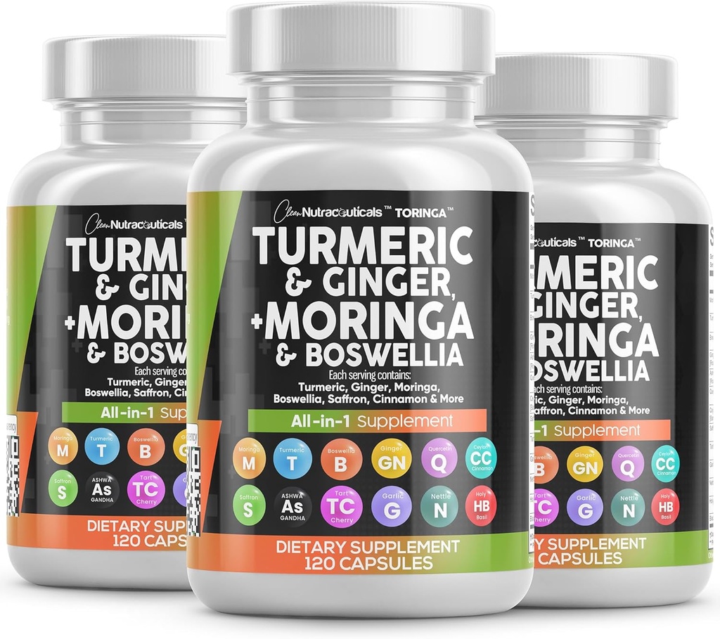 Turmeric Moringa Supplement | Ginger Boswellia Saffron - Ceylon Cinnamon, Tart Cherry, Quercetin Garlic Nettle Holy Basil과 여성과 남성을위한 보충 - 3Pack