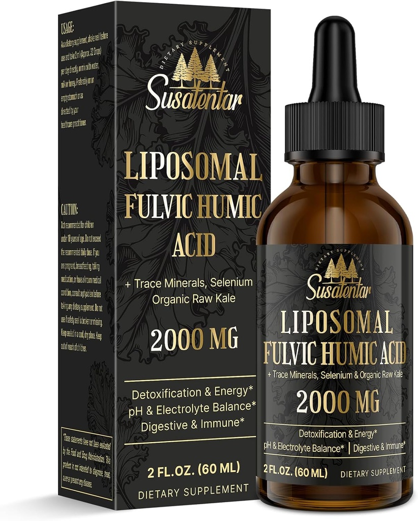 Trace Minerals Electrolytes Drops 2000 MG | 액체 Liposomal Fulvic Humic Acid Supplement | 85+ Trace Minerals | Hydration | Detoxification | 에너지 | pH 밸런스 | 소화 | 면역성 | 2개 Oz
