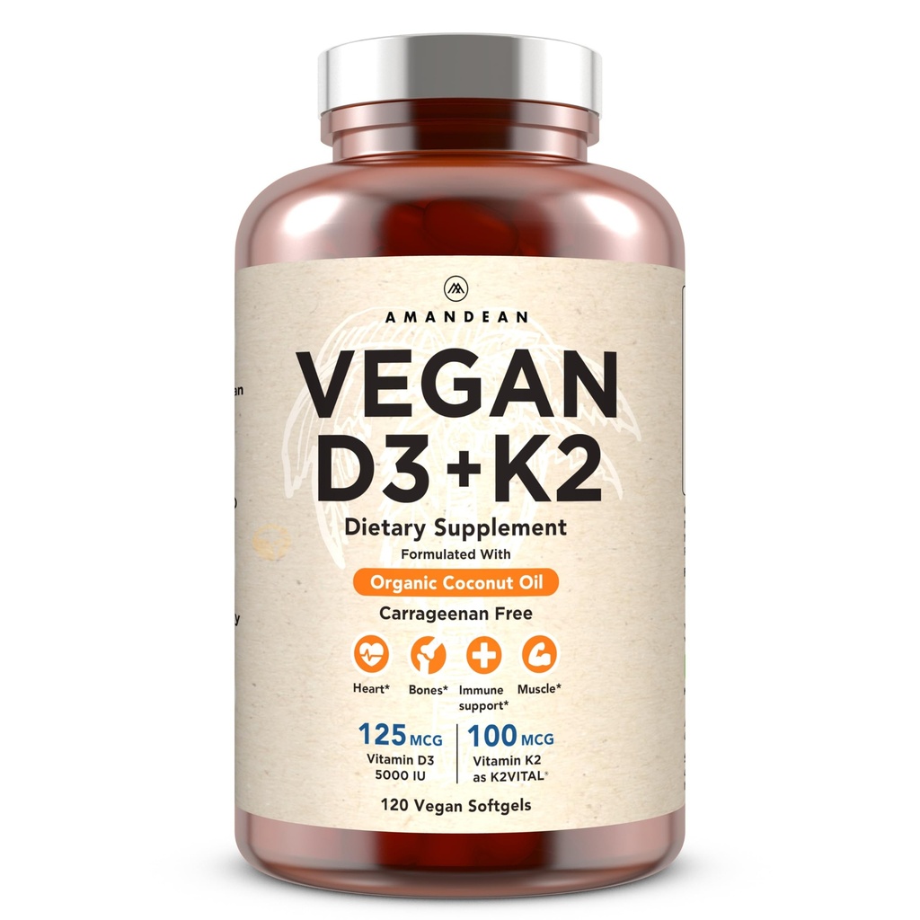 AMANDEAN Vegan 비타민 D3 K2. 조류에서 5000 iu. 모든 전송 MK-7. 120 Softgels. 플랜트 기반 및 Carrageenan 무료. 유기 코코넛 오일 혼합. Mood, Bones, Heart, Immune 건강 (패키징 May Vary)