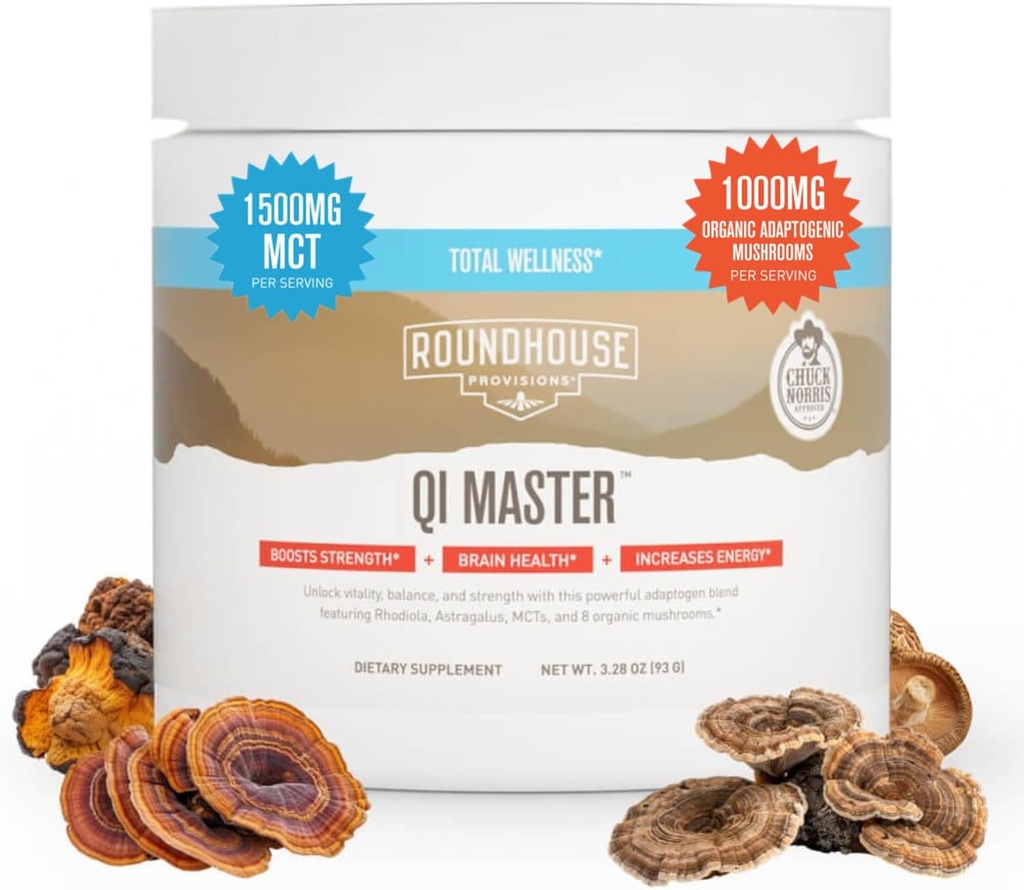 ROUNDHOUSE PROVISION Qi Master Adaptogen Blend, Astragalus Root, Rhodiolife Extract, MCT, 8 Organic Mushrooms (30 Scoop), 척 노리스