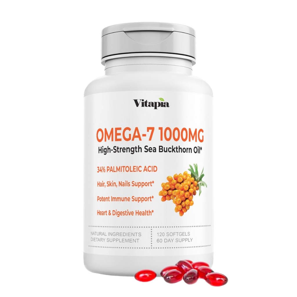 Vitapia Omega 7 바다 Buckthorn Berry 기름 1000mg 머리, 피부, 못, 심장 건강 지원 - 34% Palmitoleic 산 & 자연적인 Omega 3 6 9 지방산 보충교재 - 120의 캡슐, 비 GMO, 글루텐 자유로운