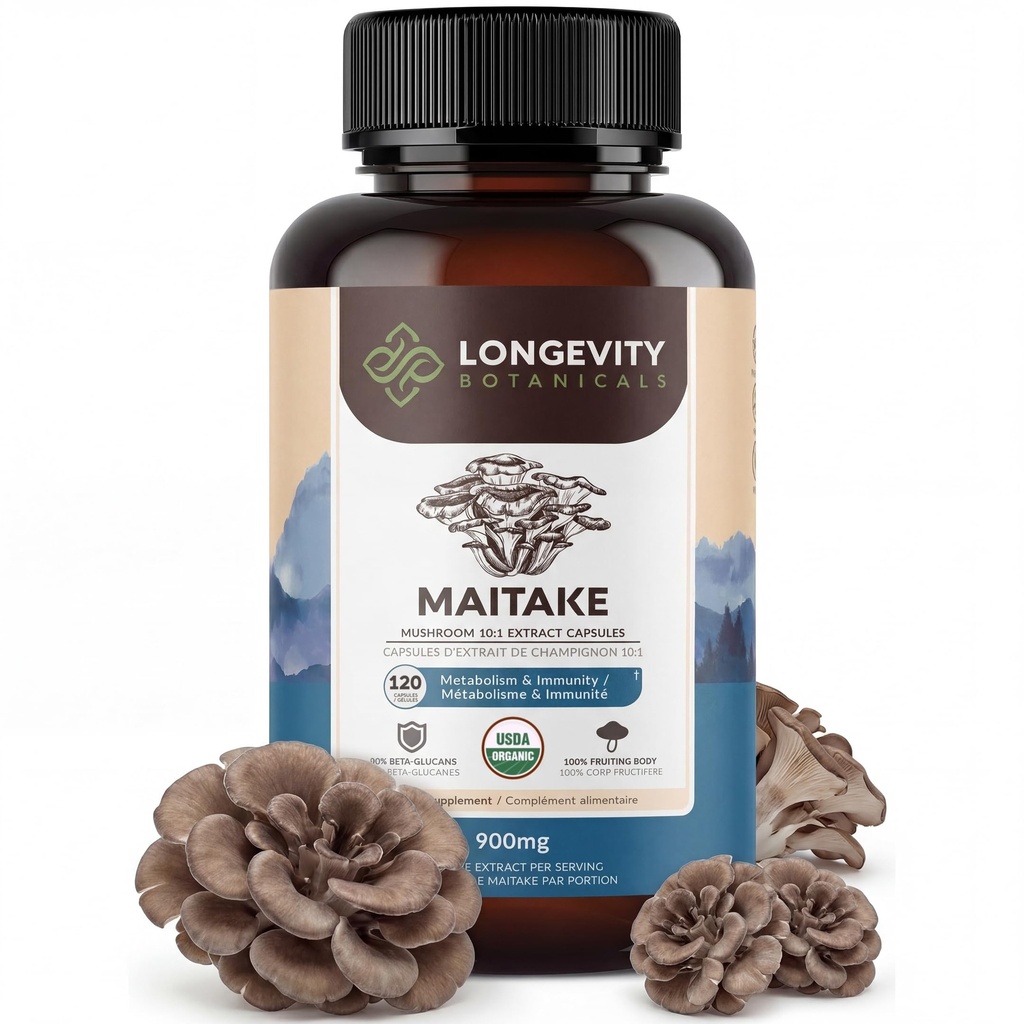 Longevity Botanicals 유기 Maitake 버섯 추출물 캡슐 (120) | 농축 10:1 비율 | 100% 과일 Bodies | Gut Health & Immunity Support를 위한 Grifola frondosa 자연적인 보충교재