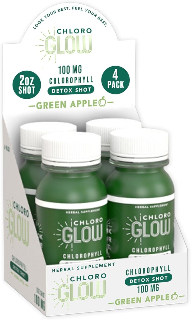 Chloroglow Chlorophyll Shot – Immune Support & Body Cleanse의 유기농 플랜트 기반 그린 애플 음료 – 천연 보충 (4 팩)