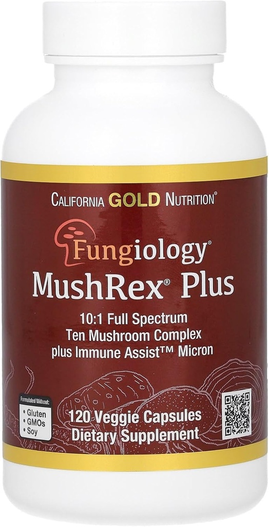 캘리포니아 골드 영양 Fungiology, MushRex Plus, Agaricus, Chaga, Cordyceps 및 Lion's Mane, 120 Plantcaps와 풀 스펙트럼 Ten Mushroom Complex