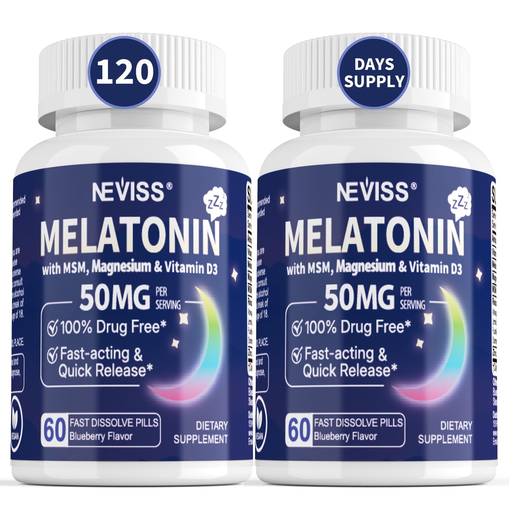 성인을 위한 NEVISS Melatonin 50 mg - 여분 힘 9에서 1 빠른 녹은 이하 언어 - 마그네슘 글리세라이드, 비타민 D3, Ashwagandha, 레몬 발, Chamomile, 설탕 자유로운, 채식주의자 120의 정제를 가진 높은 복용량