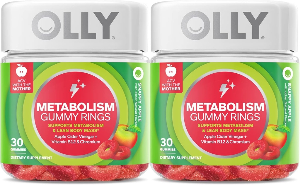OLLY Metabolism 거미 링, 애플 Cider Vinegar, 비타민 B12, 크롬, 에너지 및 소화 건강, 치울 수 있는 보충교재, 애플 풍미, 쌍둥이 팩 - 60 조사