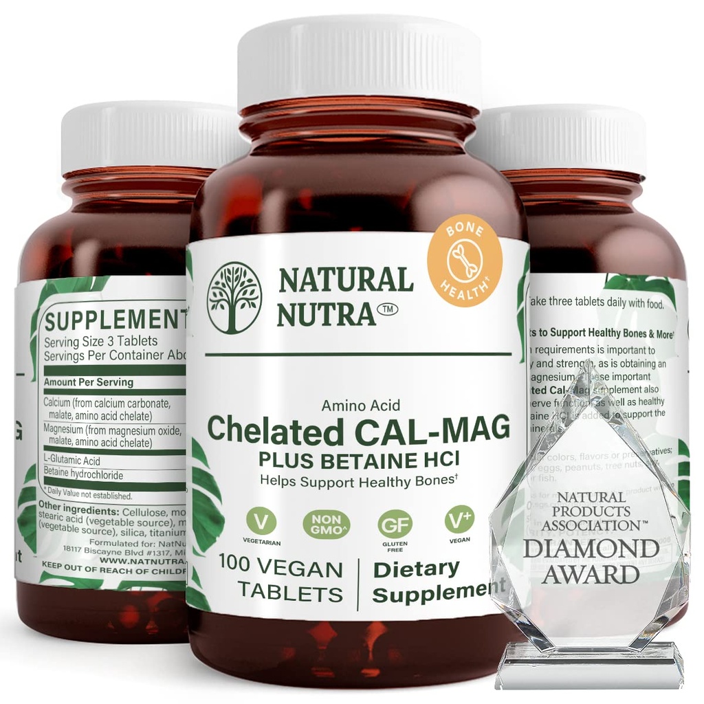 자연적인 Nutra Chelated 칼슘 마그네슘 1000/500 mg 보충교재 더하기 betaine HCL - Chelated Cal Mag는 뼈 조밀도, 지원 근육, 이, 심장 혈관 & 신경 건강, 100 Vegan 정제를 개량합니다