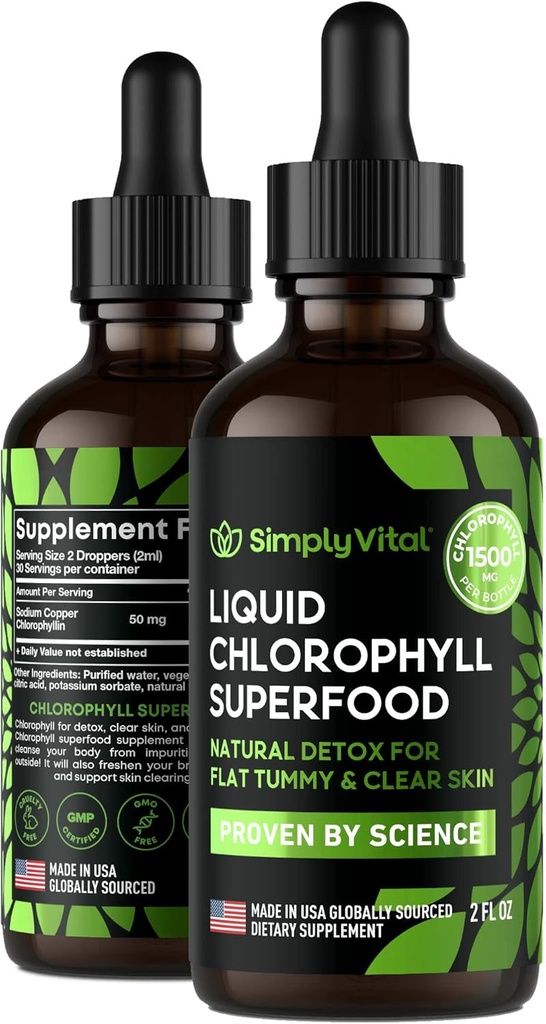 Clear Skin & Energy Boost에 대한 SimplyVital Chlorophyll 액체 드롭 - 면역 지원 보충 - 미국 - Gut 건강을위한 액체 Chlorophyll - 내부 Deodorant - 산화 방지제 - 2 FL OZ