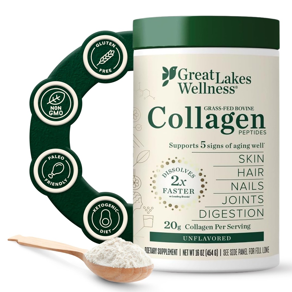 훌륭한 Lakes Wellness Collagen Peptides Powder for Skin, Hair, Nails, Joint & Digestion - Unflavored - 빠른 용해 Hydrolyzed, Non-GMO, Keto, Kosher - 16oz