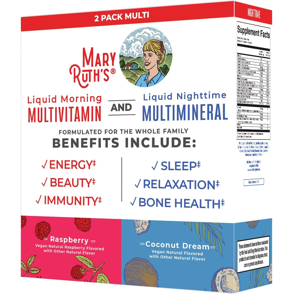 MaryRuth Organics Liquid Morning Multivitamin & Liquid Nighttime Multimineral Bundle, Vegan Vitamin C, 비타민 D, B Complex, 마그네슘, 에너지, 미용, 수면 지원, Melatonin, 32 Fl Oz 각