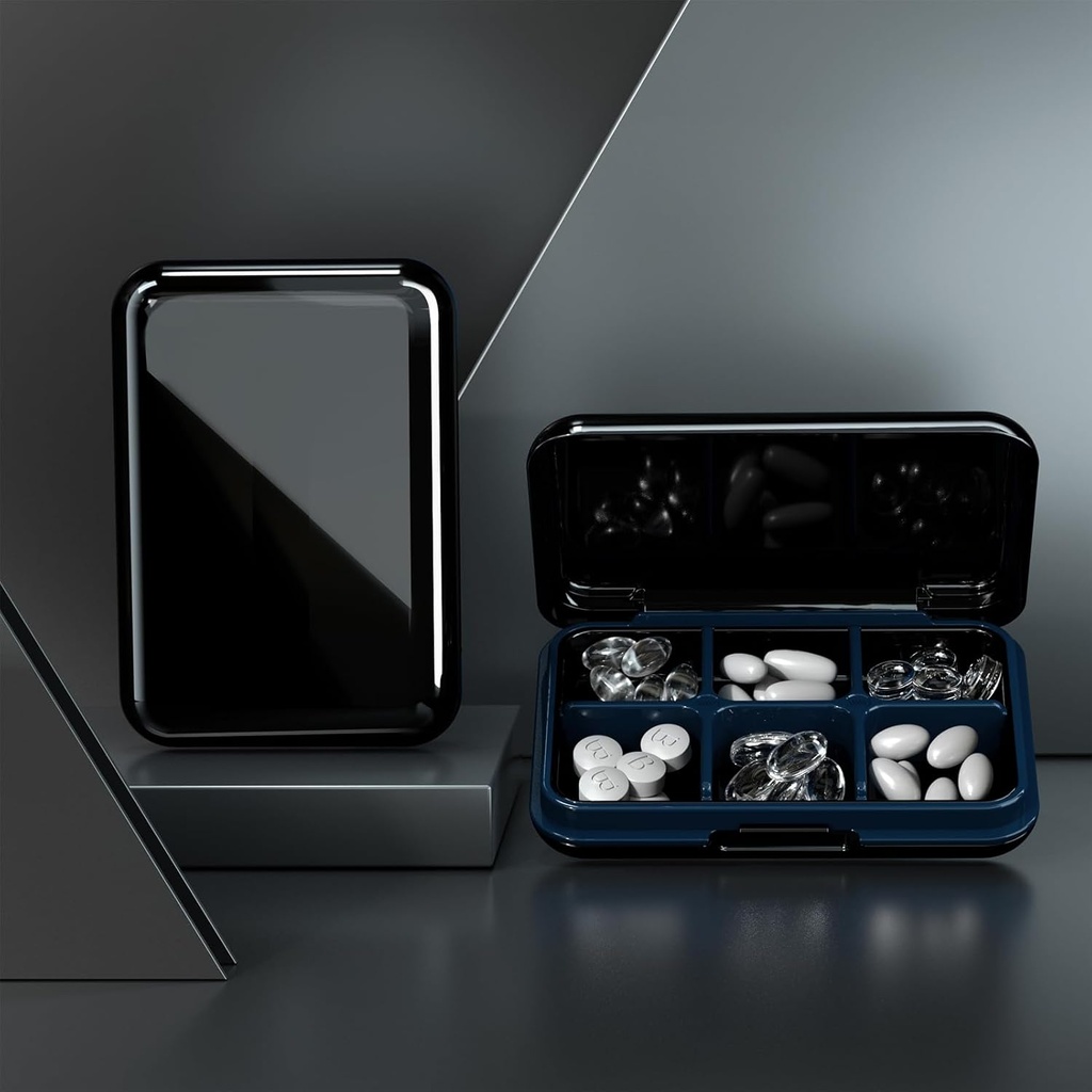 알약 상자 방수 여행 알약 상자 휴대용 매일 알약 콘테이너 알약 홀더 지갑 6 Compartments 비타민을 위한 소형 약 조직, 접시 기름, 보충교재, 약물 (큰 검정)