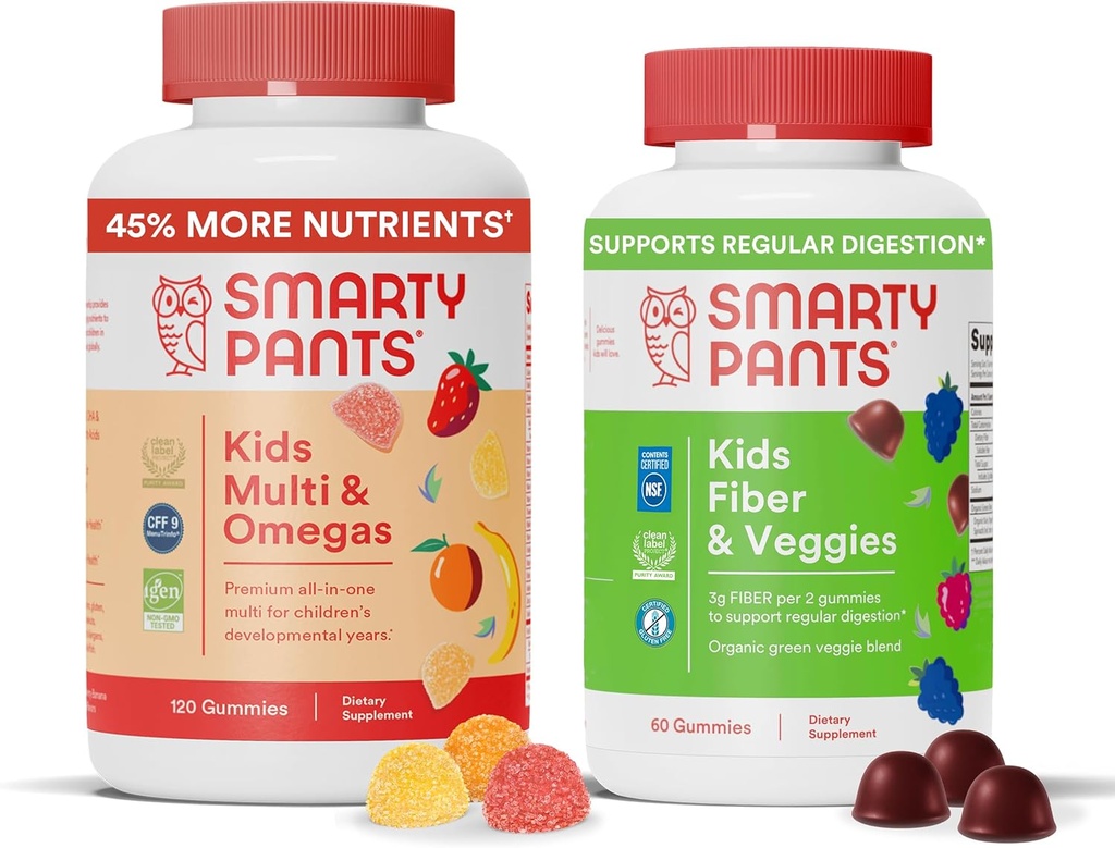 SmartyPants Kids Multivitamin + Fiber & Veggie 번들 : 오메가 3 생선 오일, 프리 바이오 틱 섬유, 글루텐 프리, 세 과일 및 혼합 베리 맛, 멀티 및 오메가 (120 카운트) + 섬유 및 야채 (60 개)