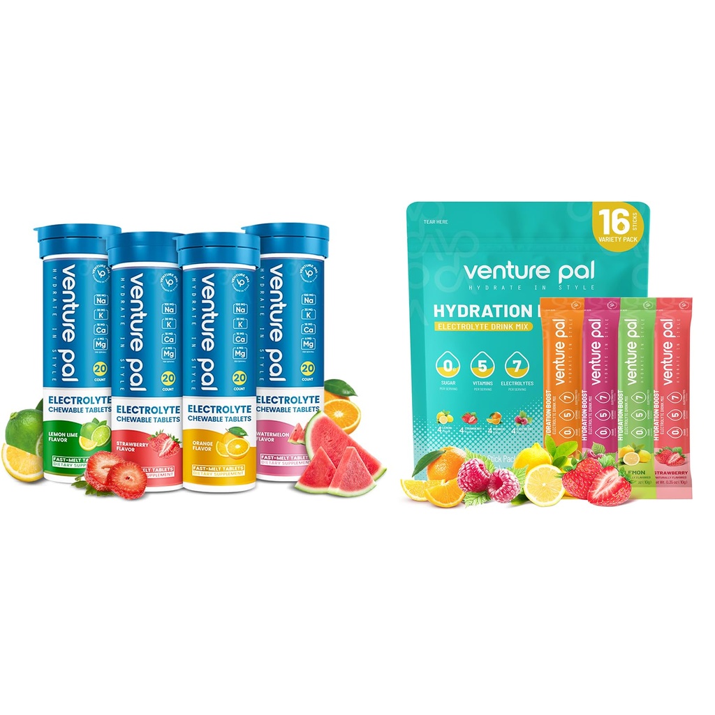 벤처 Pal Sugar Free Electrolyte Powder Packets & Chewable Fast-Melt Electrolyte Tablets, 스포츠 Electrolyte for running 하이킹 사이클 스포츠 영양