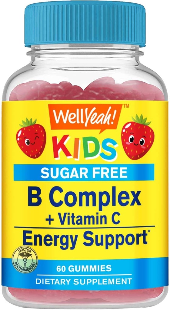WellYeah Kids Vitamin B Complex Sugar Free Gummies | 비타민 C, 엽산 | 면역력 강화 | 딸기 맛 | 60 개