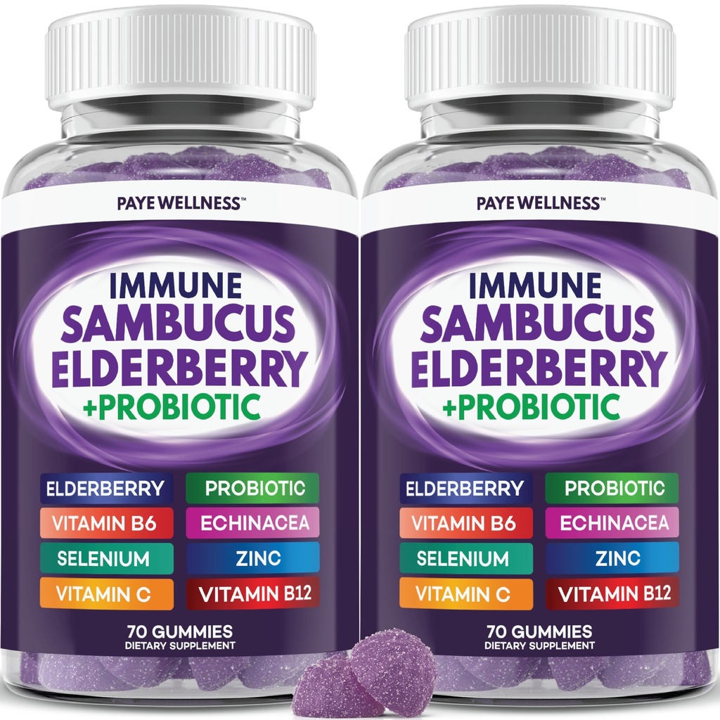 Elderberry Gummies Immune 지원, 어린이 및 성인을위한 일일 지원, Sambucus Elderberry, 아연, 비타민 C, D3, B6, B12, 플러스 - 다이어트 보충 - 140 조사