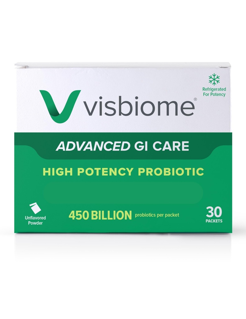 Visbiome® Advanced GI Care - 높은 Potency Probiotic 450 Billion Strength - 30 Packets Unflavored Powder - Original De Simone Formulation - 온도 모니터와 재활용 쿨러에서 감기.