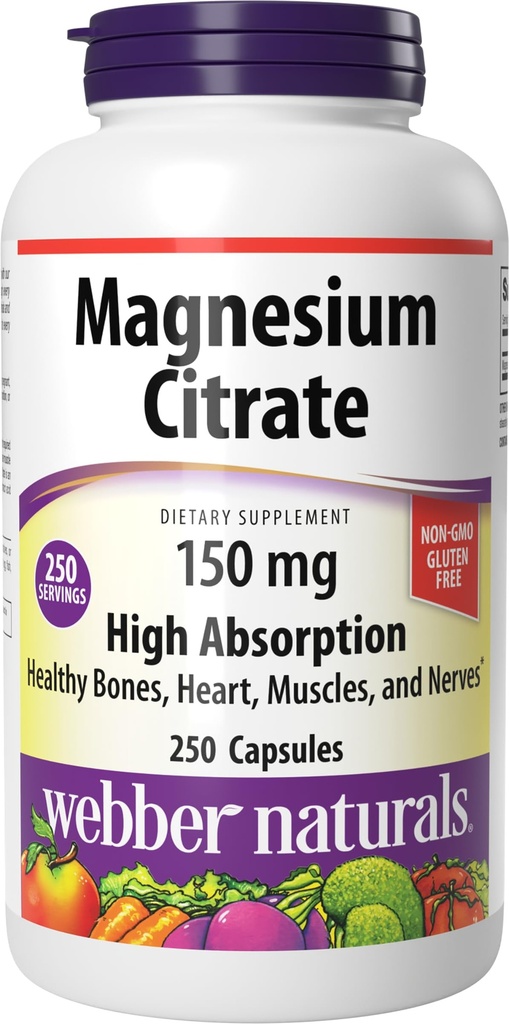 Webber Naturals 마그네슘 구연산염, 캡슐 당 150 mg, 250의 캡슐, 높은 흡수, 도움 지원 뼈, 이 및 Proper 근육 & 심장 기능, 글루텐 & 낙농장은 해방합니다