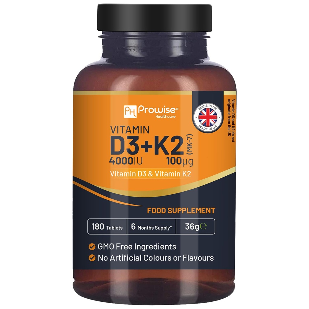 비타민 D3 4000IU & K2 MK7 100μg 채식 정제 I 180 (6 달 공급) Immune 지원, 칼슘 부스트, 뼈 & 근육을 위한 보충에 쉬운 Prowise 건강 관리에 의하여 영국에서 만드는