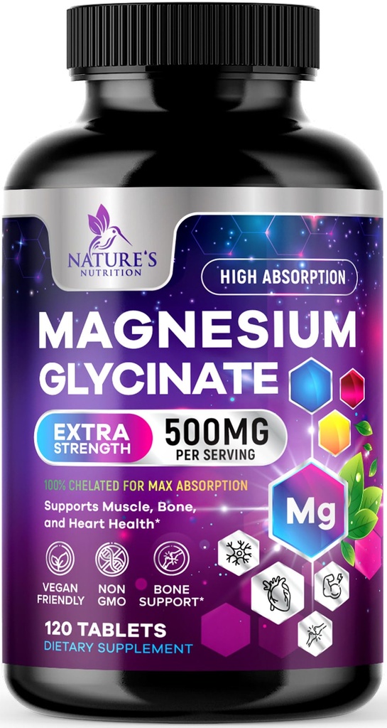 마그네슘 글리세라이드 500mg - 매우 흡수를위한 킬레이트 - Bone, 근육, Nerves & Heart Health, 자연의 수면 지원, 전체 바디 지원을위한 최고의 마그네슘 보충 알약 - 120 정제