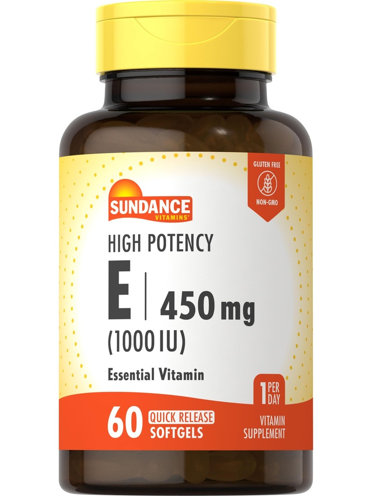 선댄스 고 효능 비타민 E | 450mg (1000 IU) | 60 Softgel | 필수 비타민 보충 | 비 GMO 및 글루텐 프리 포뮬러