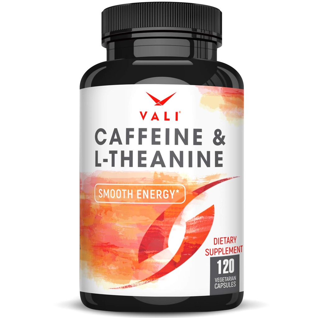 VALI Caffeine 50mg & L Theanine 100mg - 똑똑한 매끄러운 에너지 & 초점 보충교재를 위한 카페인 알약 & L-Theanine. Nootropic 뇌 부스터 Cognitive 지원 스택 & Focused Clarity. 120의 Veggie 캡슐
