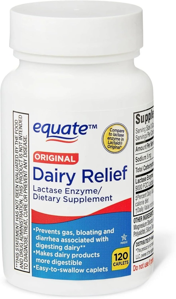 Dairy Relief Caplets, Original, Lactase Enzyme, 120 Equate (팩의 1) + 스티커