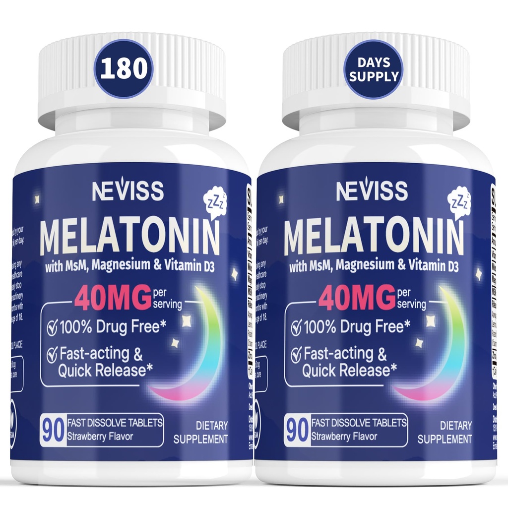 성인을위한 Melatonin 40 mg - 빠른 용해 및 치열한 잠수함 수면 보충 - 비타민 D3 및 MSM, 건강 회복주기, 깊은 Zzzs, Sugar-Free, 180 서빙을위한 셀레늄을 가진 추가 강도 Melatonin