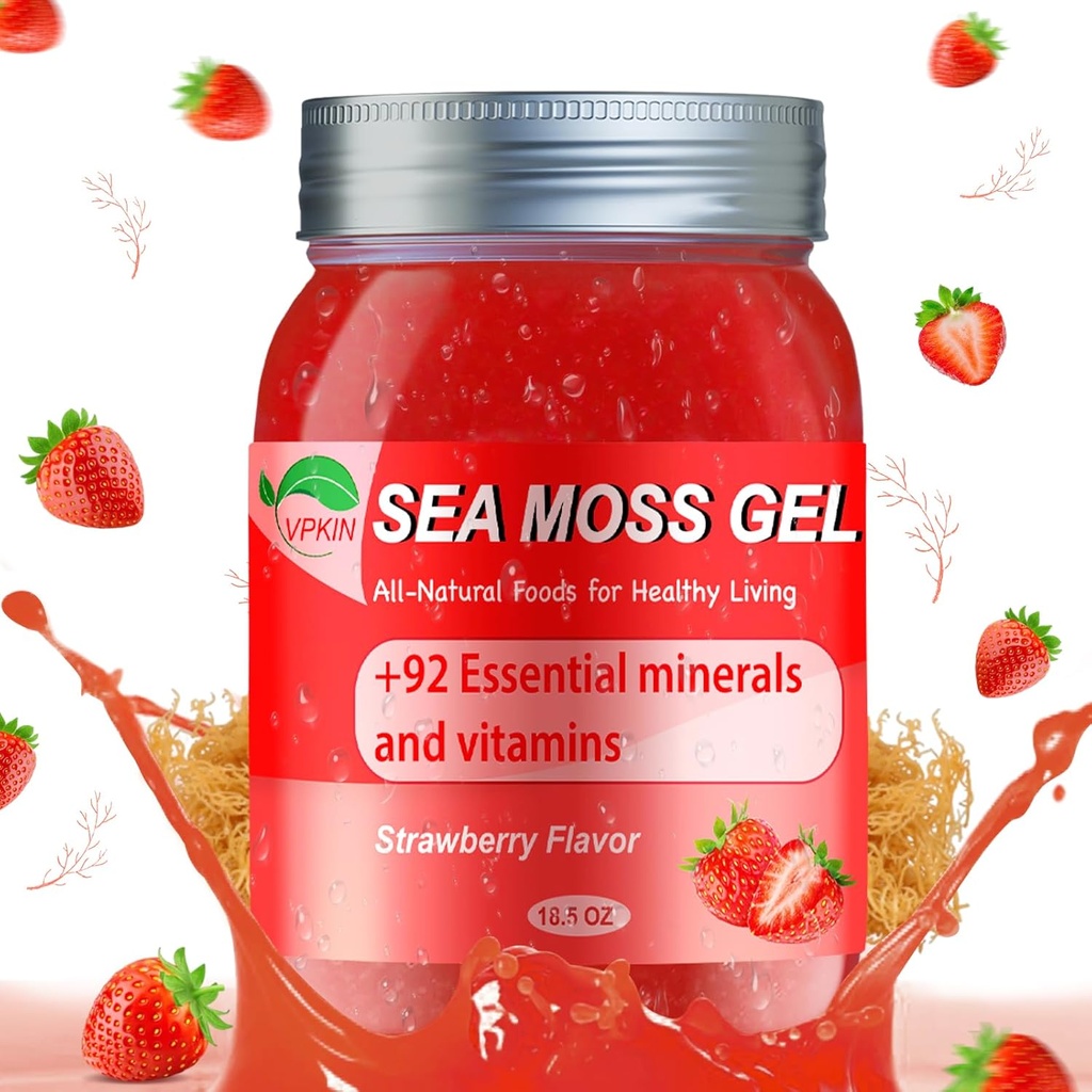 Sea Moss Gel,Organic Raw Irish Seamoss Gel 고급 Superfood, 면역 및 소화 지원, 비타민 및 미네랄 보충 (Strawberry, 18.5OZ)