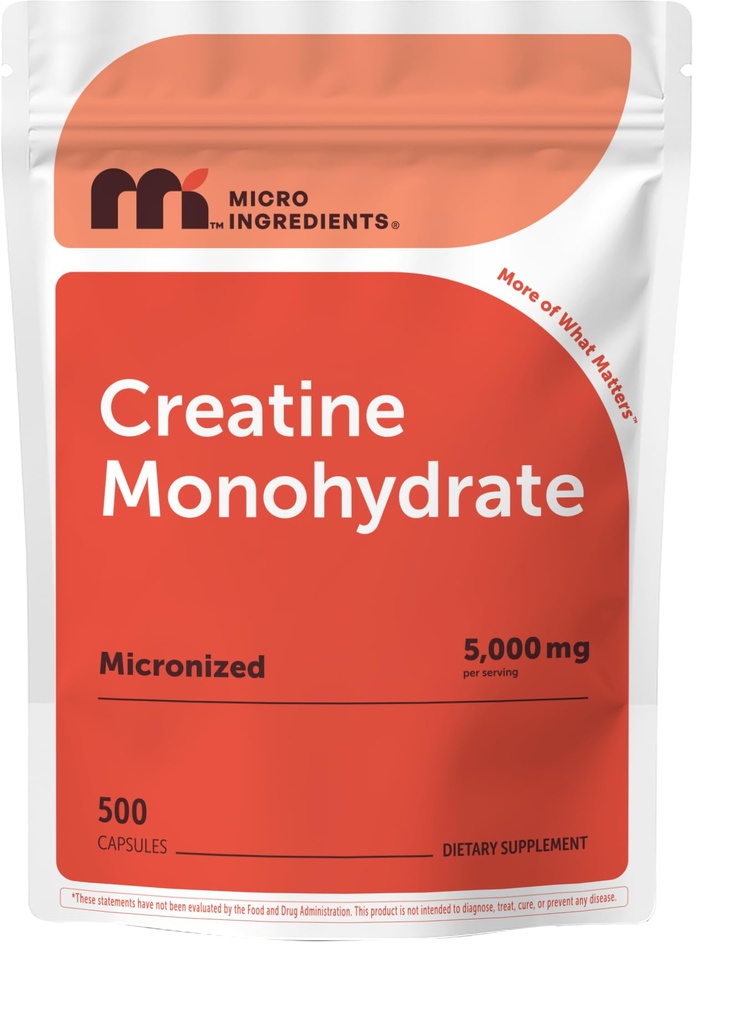 크레아틴 Monohydrate 5,000mg, 500 캡슐 | 순수 크레아틴 알약 – Micronized + Unflavored Powder Source, Easy Absorption | 사전 운동 및 근육 건강 지원 | 케토, 비 GMO